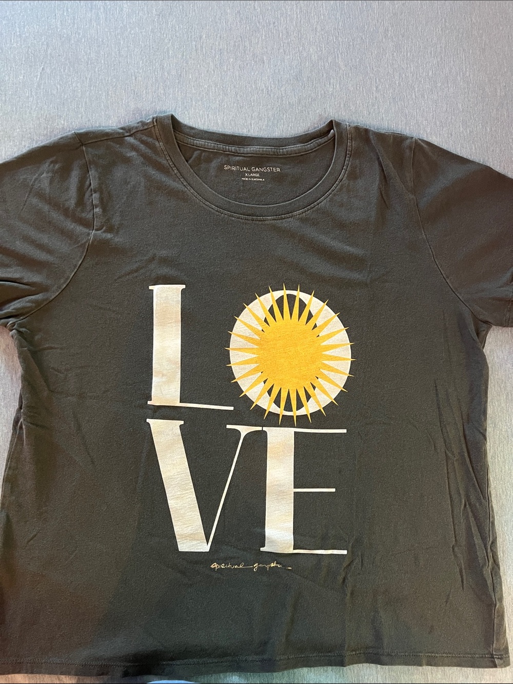 Spiritual Gangster charcoal Tee with Yellow Sun 'LOVE' Graphic